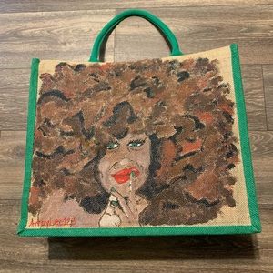 Burlap Tote “Green Eyes” Hand Painted by Lee Artbylee123 NEW Original Artwork